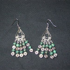 Silver Metal Flower Green Beads Earrings